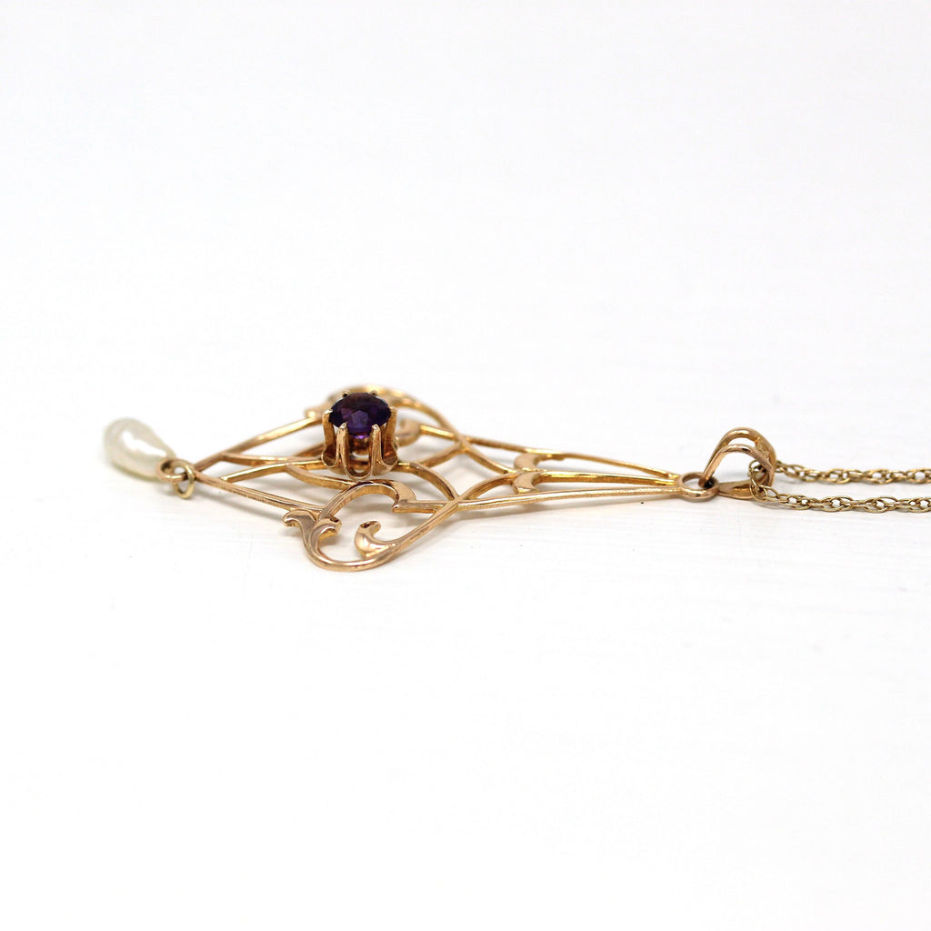 Genuine Amethyst Lavalier - Edwardian 10k Yellow Gold Baroque Pearl Necklace - Circa 1910s Era February Birthstone Gem Pendant Fine Jewelry
