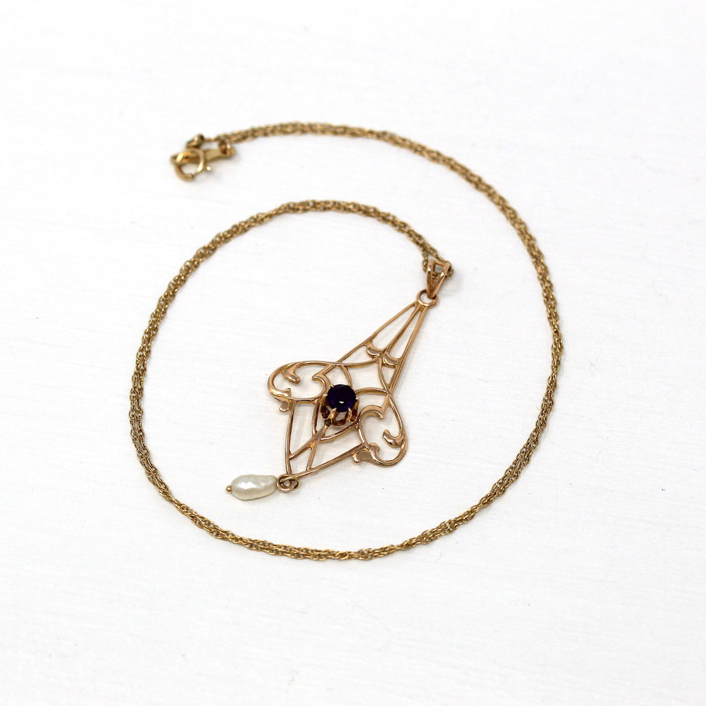 Genuine Amethyst Lavalier - Edwardian 10k Yellow Gold Baroque Pearl Necklace - Circa 1910s Era February Birthstone Gem Pendant Fine Jewelry