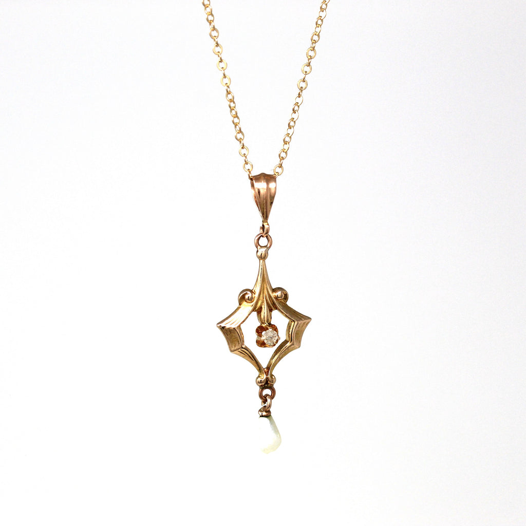 Antique Diamond Lavalier - Edwardian 10k Yellow Gold Genuine .02 CT Gemstone Pendant - Circa 1910s Era Baroque Pearl Necklace Fine Jewelry