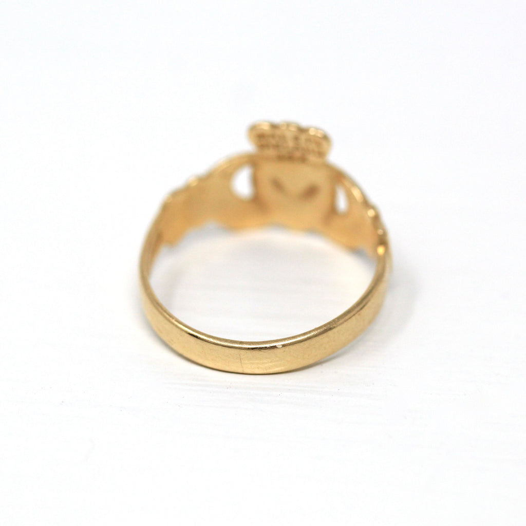 Modern Claddagh Ring - Estate 14k Yellow Gold Heart Clasped Hand Crown - Size 4 Made In Dublin Ireland Friendship Love Loyalty Irish Jewelry