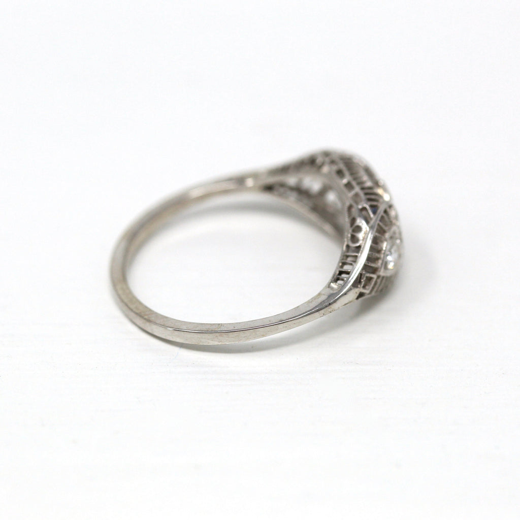 Art Deco Ring - Vintage 18k White Gold Diamond & Created Sapphire Filigree Alternative Engagement - 1930s Size 6 3/4 Fine 30s Jewelry