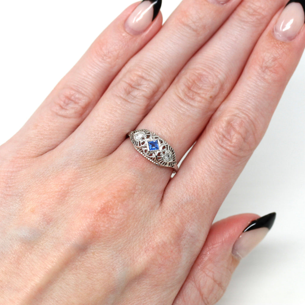 Art Deco Ring - Vintage 18k White Gold Diamond & Created Sapphire Filigree Alternative Engagement - 1930s Size 6 3/4 Fine 30s Jewelry