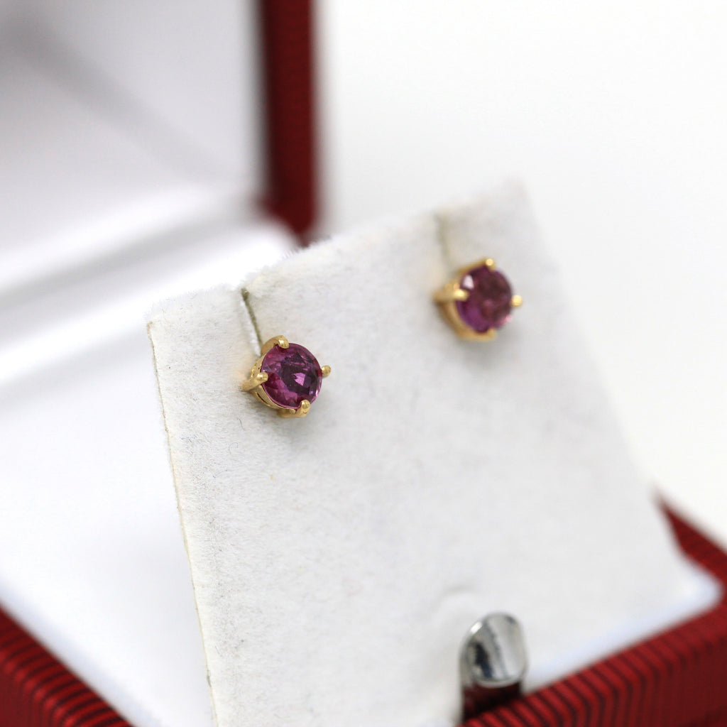 Genuine Ruby Earrings - Vintage 14k Yellow Gold Round Faceted Gemstones Push Back Studs - Estate Circa 1990s Era Pierced Fine 90s Jewelry