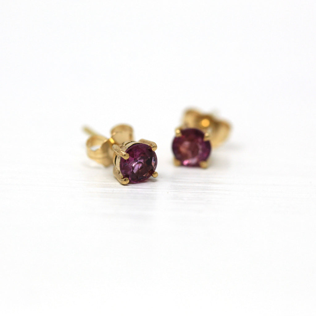 Genuine Ruby Earrings - Vintage 14k Yellow Gold Round Faceted Gemstones Push Back Studs - Estate Circa 1990s Era Pierced Fine 90s Jewelry