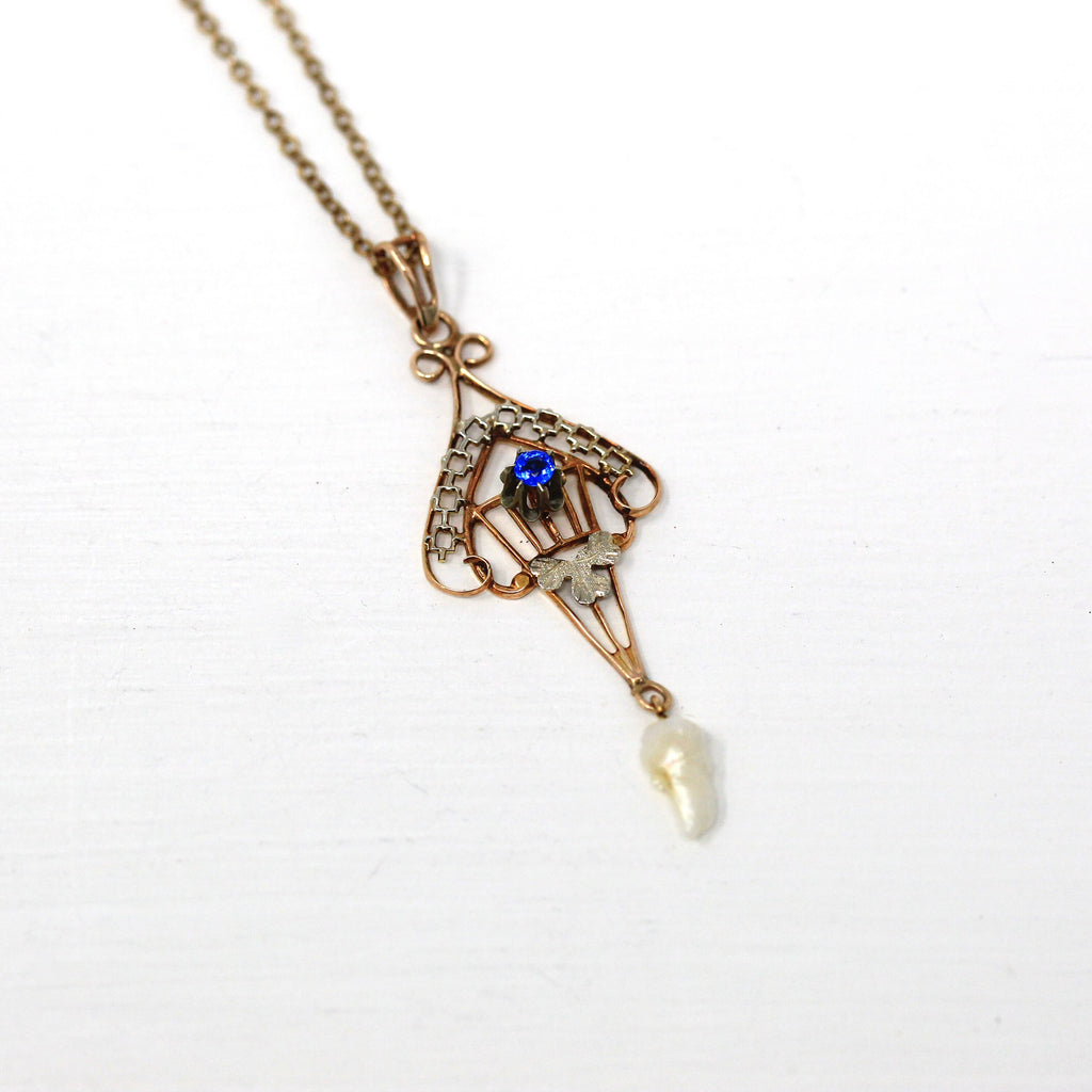 Antique Lavalier Necklace - Edwardian 10k Yellow Gold Baroque Pearl Pendant - Circa 1910s Era Simulated Sapphire Blue Glass Fine Jewelry