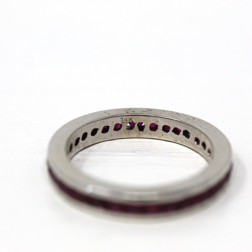 Created Ruby Band - Estate 14k White Gold Round Faceted Red Pink Stones Eternity Ring - Modern Size 7.5 Wedding Anniversary Stacking Jewelry