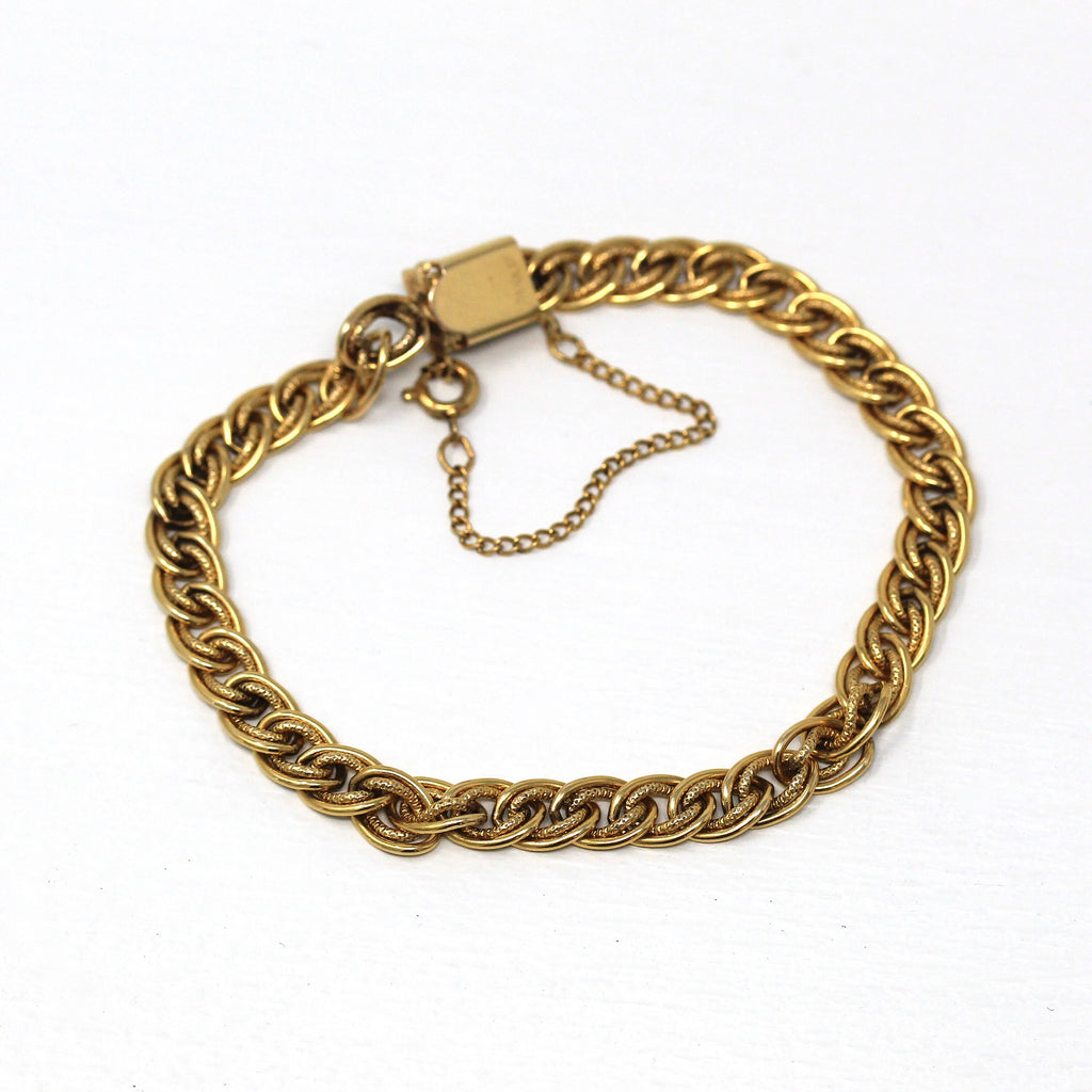 Vintage Charm Bracelet - Retro 12k Gold Filled Oval Curb Links Statement Hinged Clip - Circa 1960s Safety Chain Fashion Accessory Jewelry