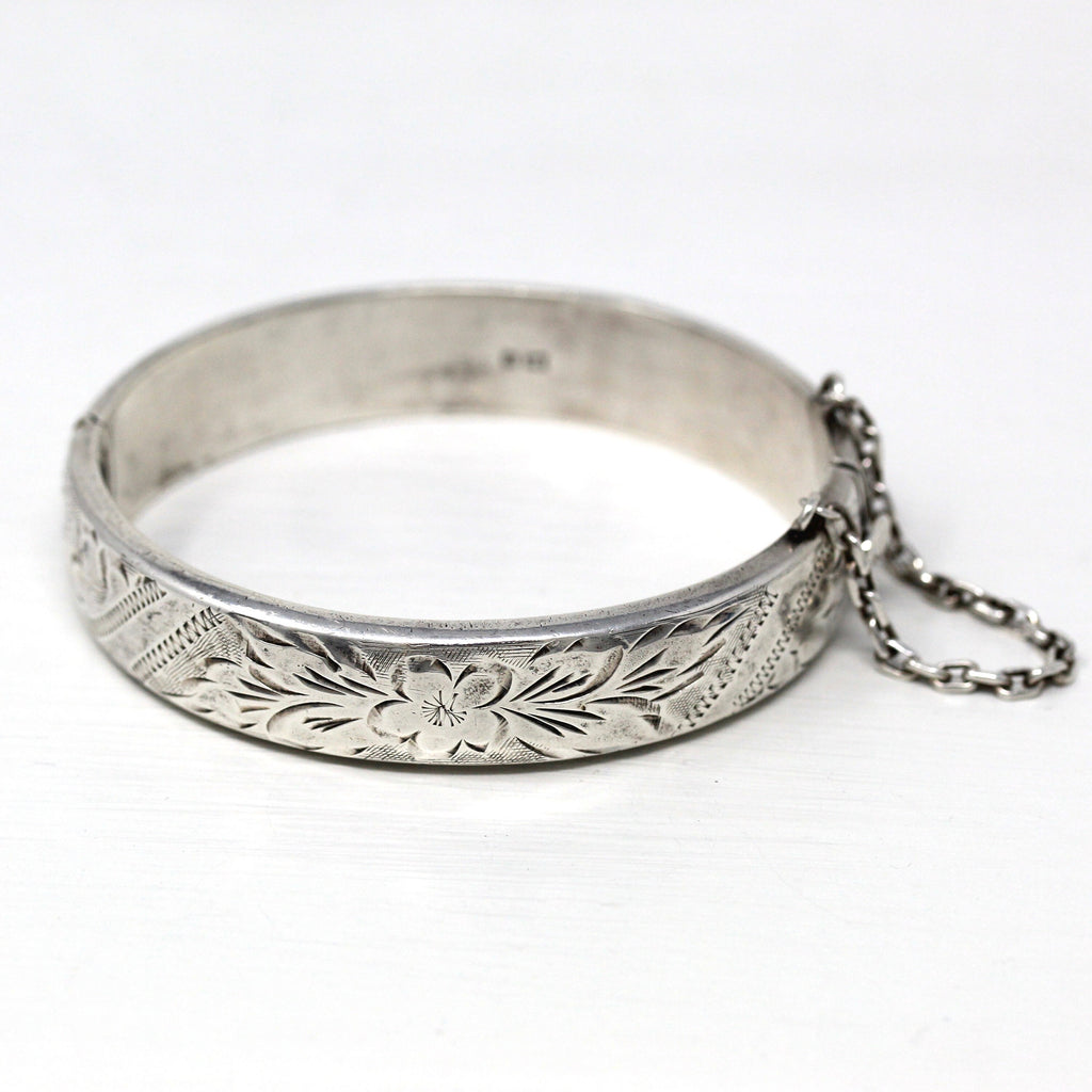 Vintage Bangle Bracelet - Retro Sterling Silver Etched Flower Designs Accessory - Dated 1973 Statement Birmingham England Hallmarks Jewelry