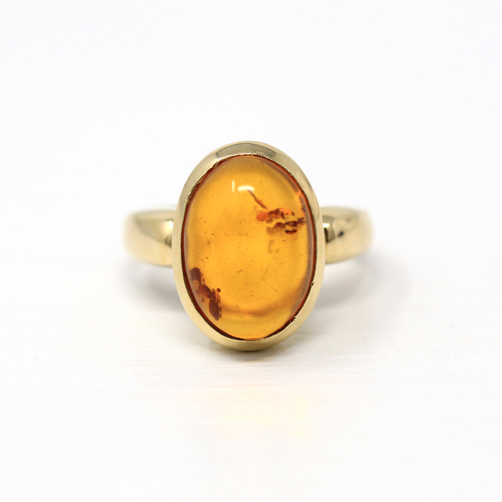 Genuine Amber Ring - Estate 14k Yellow Gold Oval Cabochon Fossilized Tree Resin - Modern Circa 2000's Era Size 6 1/4 Statement Fine Jewelry