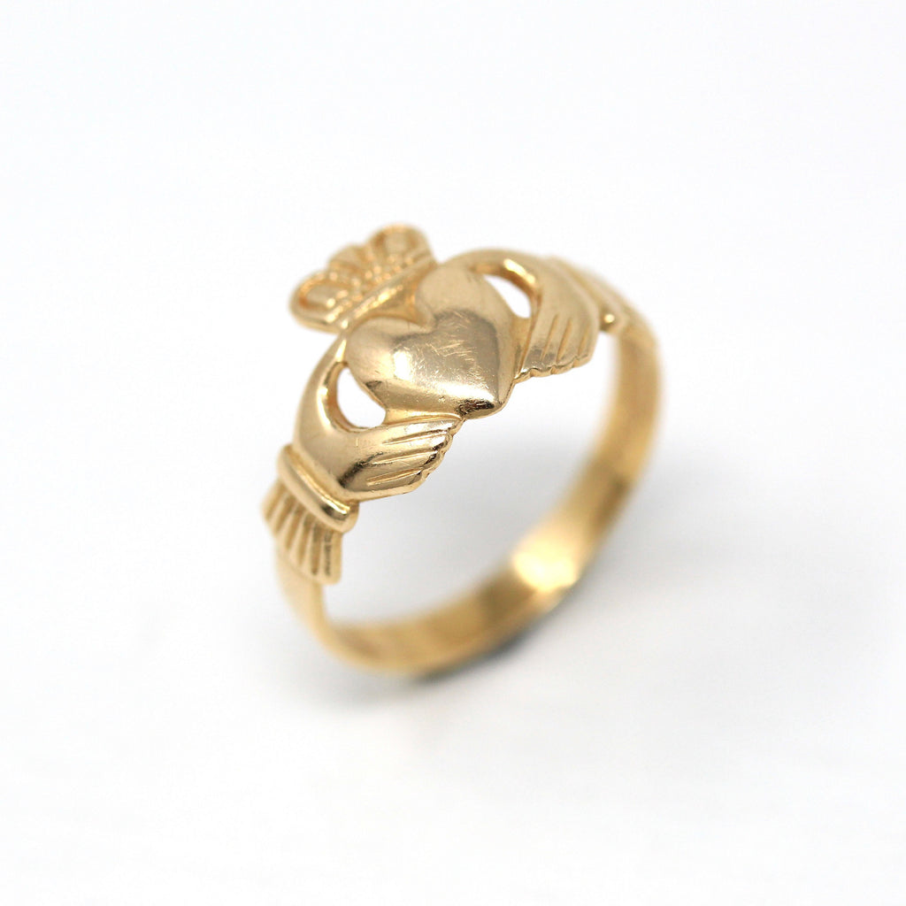 Modern Claddagh Ring - Estate 14k Yellow Gold Heart Clasped Hand Crown - Size 4 Made In Dublin Ireland Friendship Love Loyalty Irish Jewelry