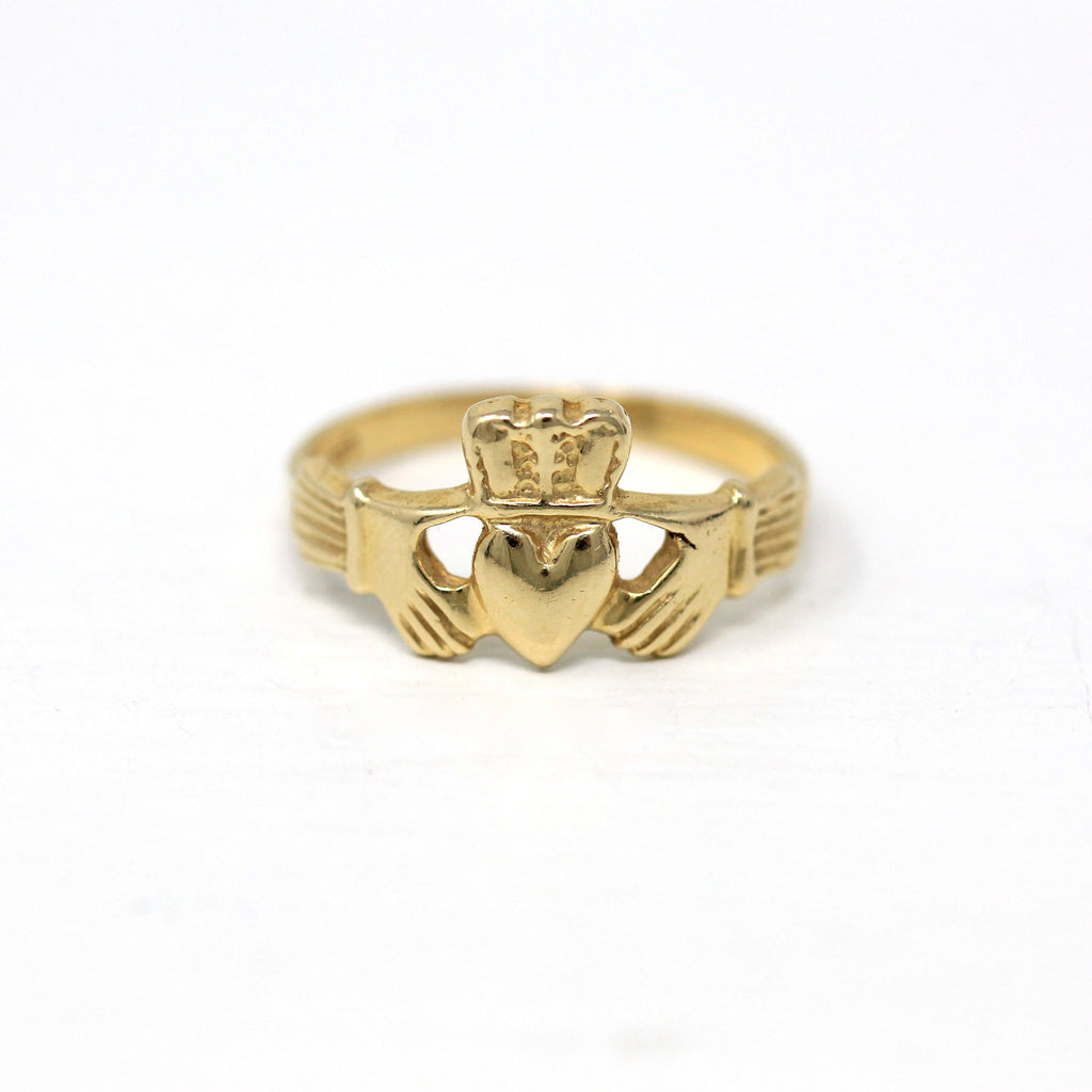 Modern Claddagh Ring - Modern 14k Yellow Gold Heart Clasped Hand Crown - Circa 2000's Era Size 5 1/4 Friendship Love Loyalty Irish Jewelry
