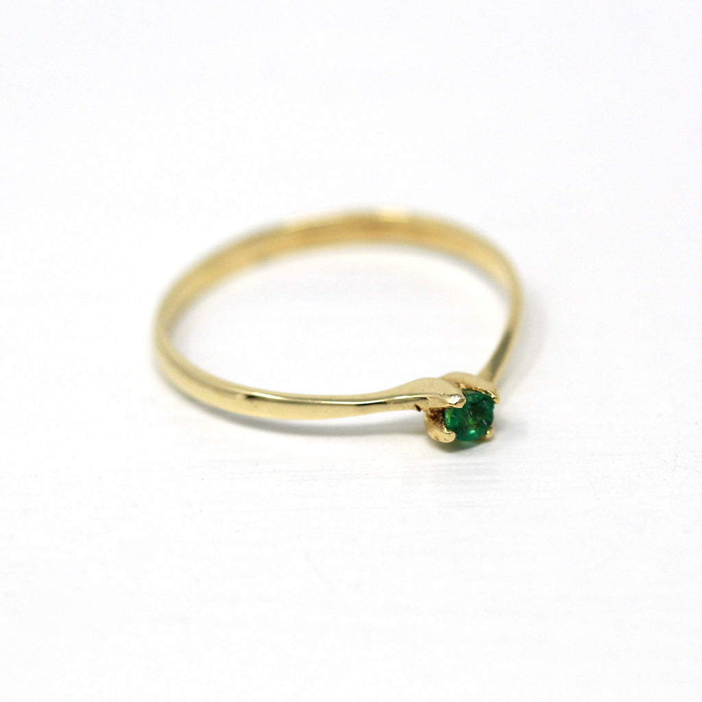 Genuine Emerald Ring - Estate 14k Yellow Gold Round Cut Green Gemstone Bypass Style - Vintage Circa 1990s Era Size 6.75 Dainty Fine Jewelry
