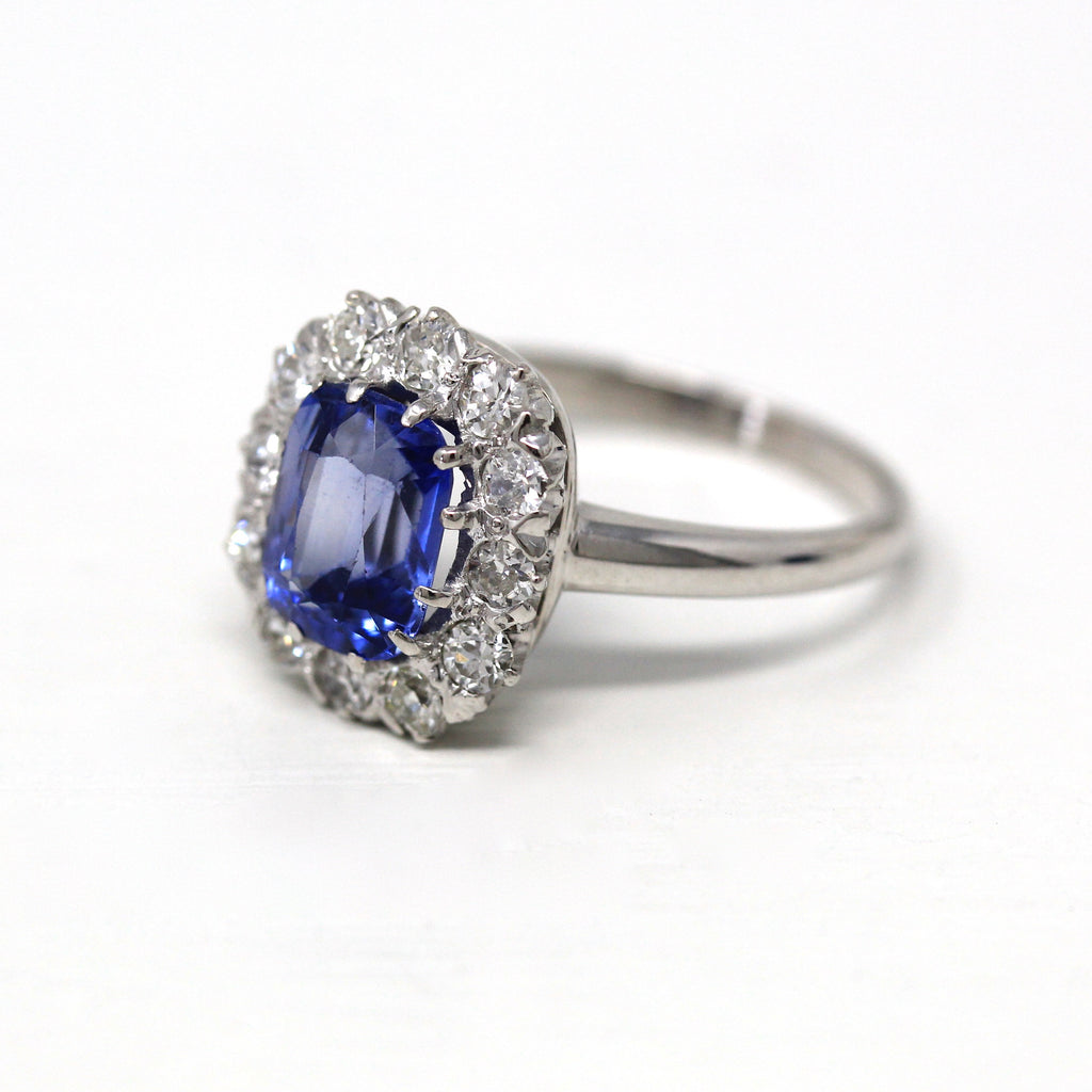 Vintage Engagement Ring - Mid Century Created Sapphire 14k White Gold Diamond Halo - Size 7 1950 Fine Colored Lab Grown Stone Jewelry