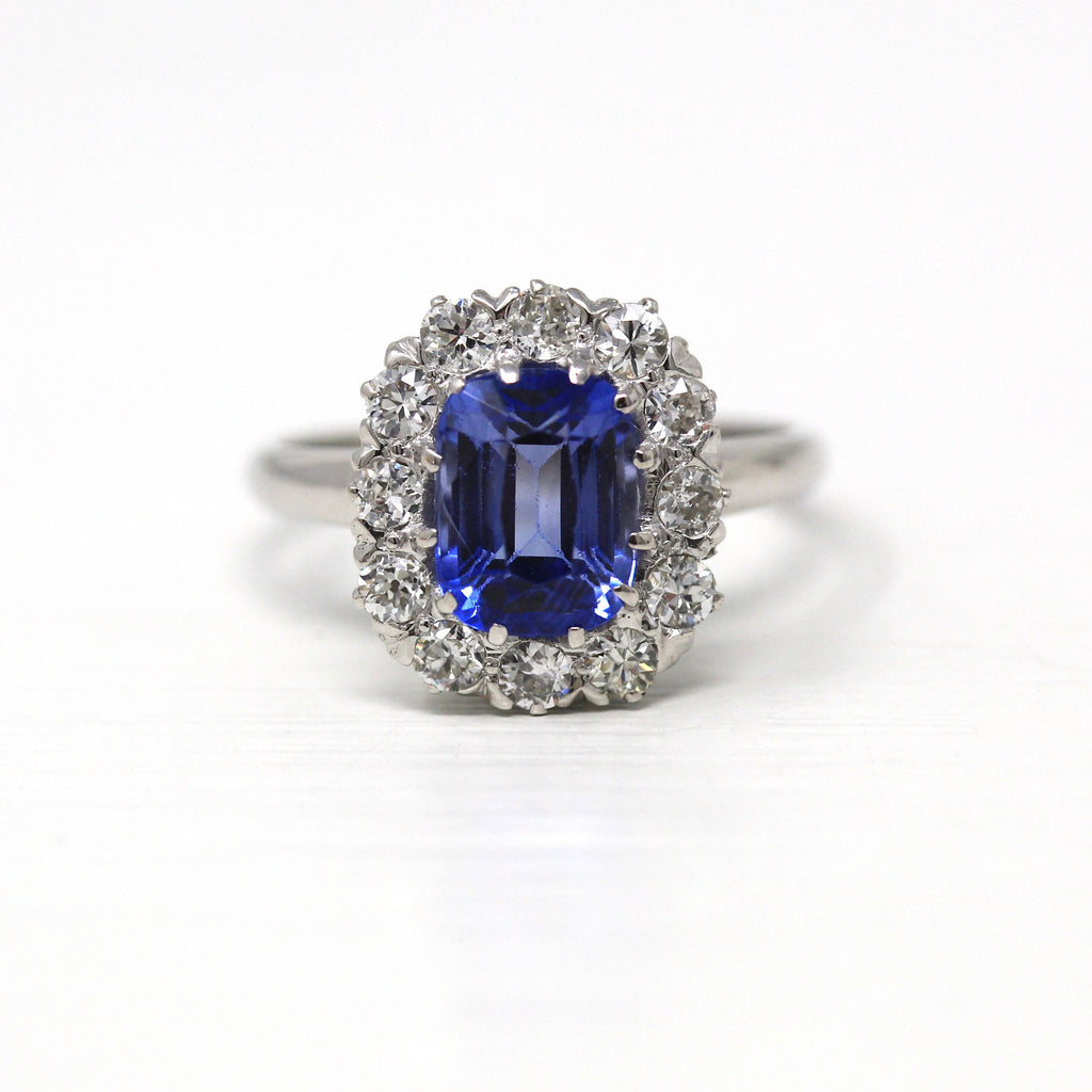 Vintage Engagement Ring - Mid Century Created Sapphire 14k White Gold Diamond Halo - Size 7 1950 Fine Colored Lab Grown Stone Jewelry