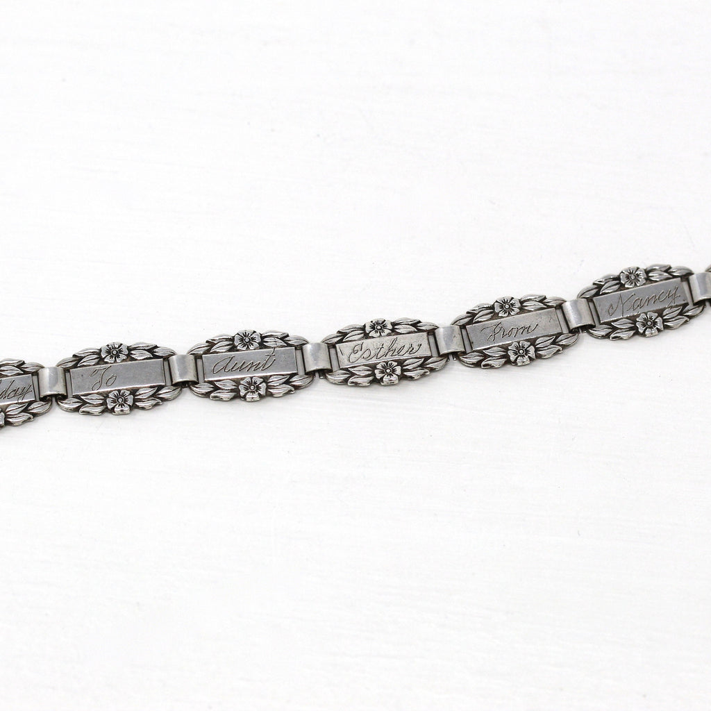 Forget Me Not Bracelet - Retro Sterling Silver Engraved "Happy Birthday To Aunt Esther From Nancy Anne" - Vintage 1940s Era Flower Jewelry