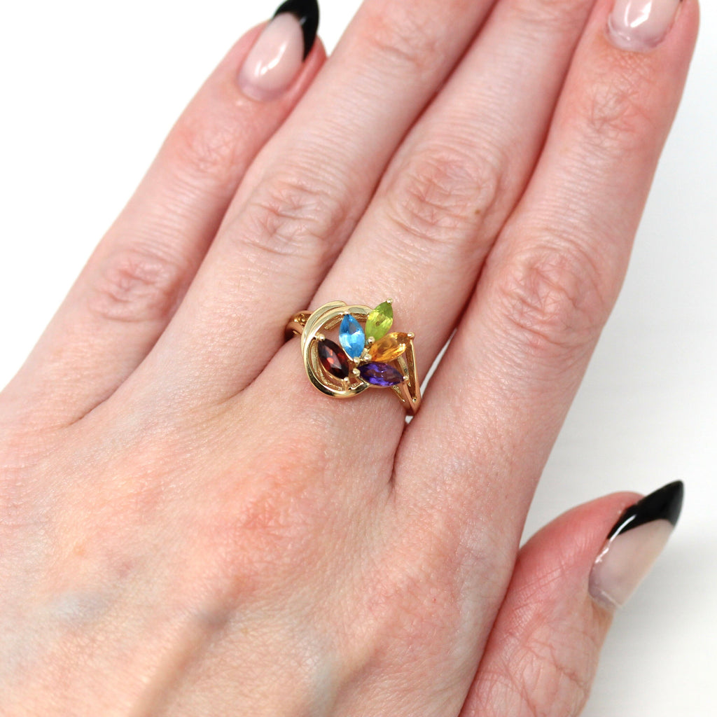 Rainbow Gemstone Ring - Modern 10k Yellow Gold Genuine CT Multi Color Gems - Estate 2000s Size 6 Fine Citrine Topaz Garnet Peridot Jewelry