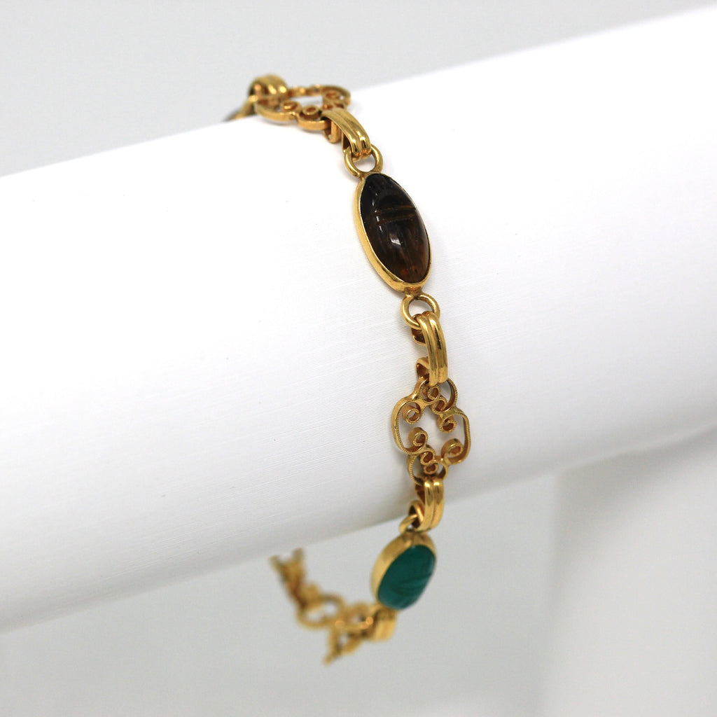 Vintage Scarab Bracelet - Retro 12k Gold Filled Carved Genuine Gemstones - Circa 1960s Era Egyptian Revival Fashion Accessory 60s Jewelry