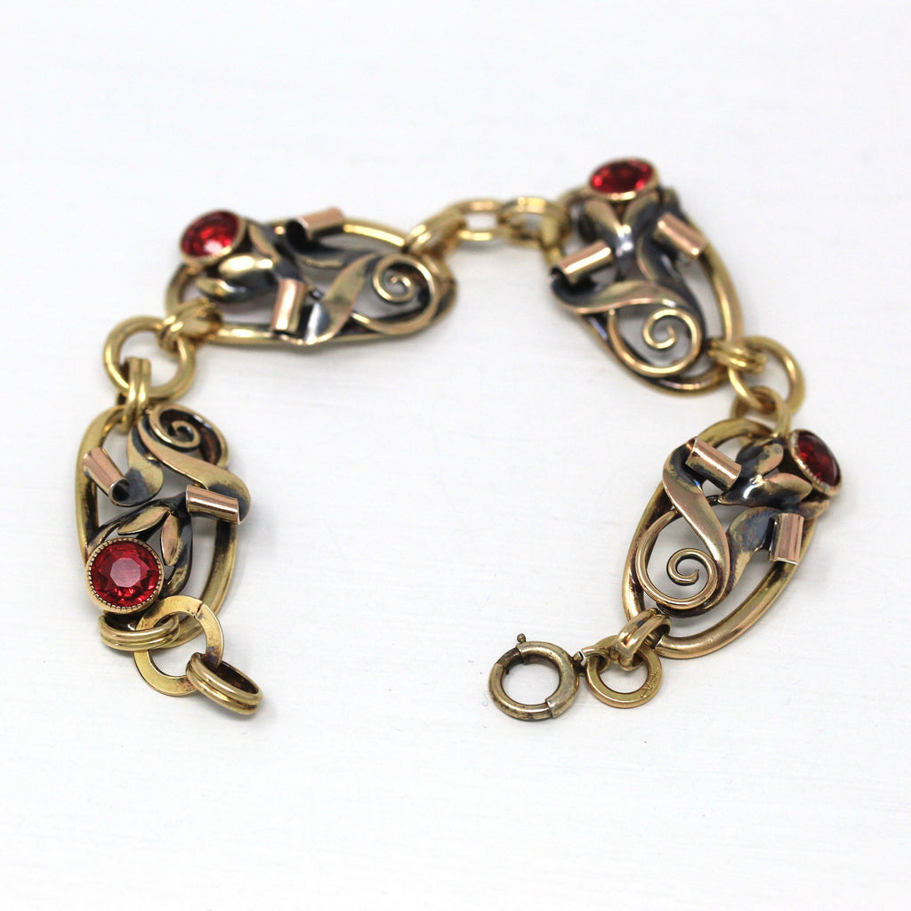 Simulated Ruby Bracelet - Retro 12k Gold Filled On Silver Red Glass Stones Flowers - Vintage 1940s Era Fashion Accessory Carl Art Jewelry