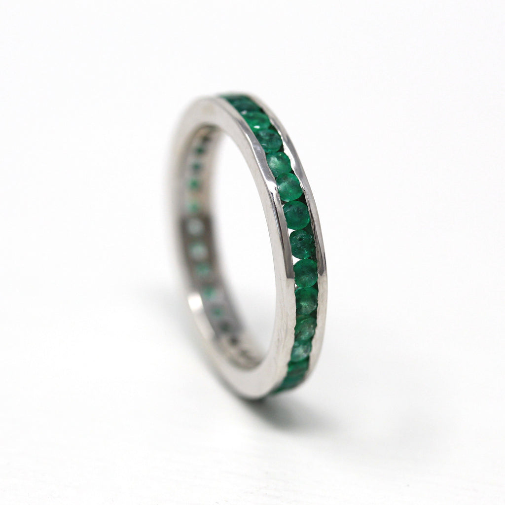 Emerald Eternity Band - 14k White Gold Genuine Green Emerald Gemstone Eternity Ring - Size 8 1/4 Modern Estate Bridal Wedding Fine Jewelry