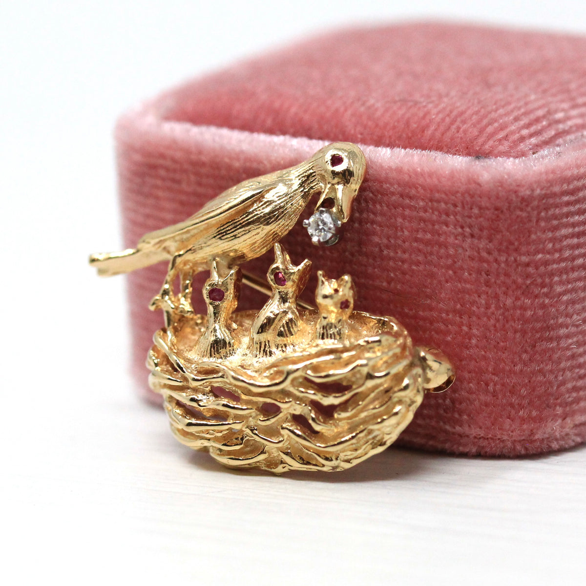 Vintage Bird Nest Brooch - Retro 14k Yellow Gold Genuine 