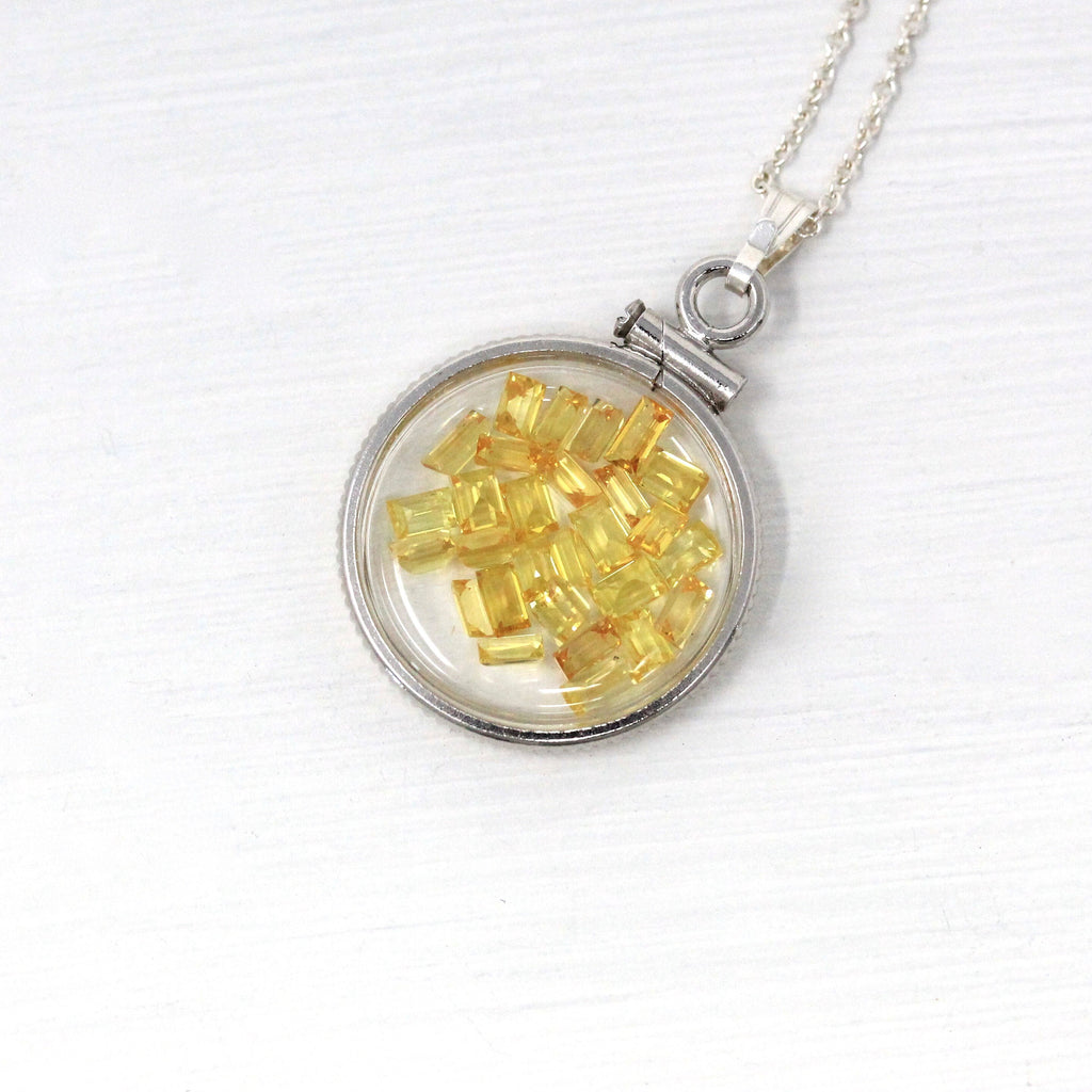 Yellow Sapphire Shaker Locket - Handcrafted Sterling Silver Lucite Genuine 2.5 CTW Gemstones Pendant - Fancy Baguette Cut Necklace Jewelry