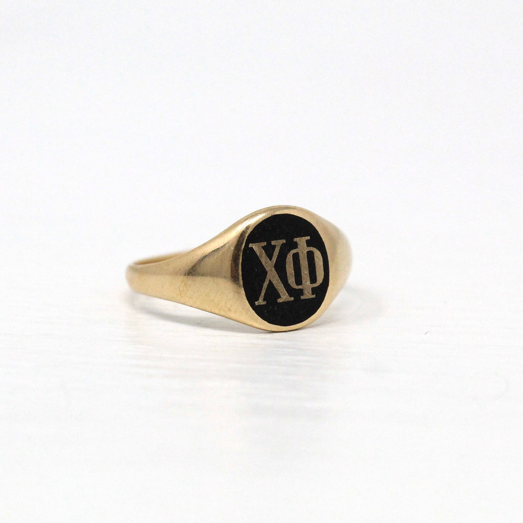 Sale - Vintage Chi Phi Ring - 14k Yellow Gold Black Enamel Signet Statement - 1940s Size 4 1/4 Fraternal Greek Letters ΧΦ Symbolic Jewelry