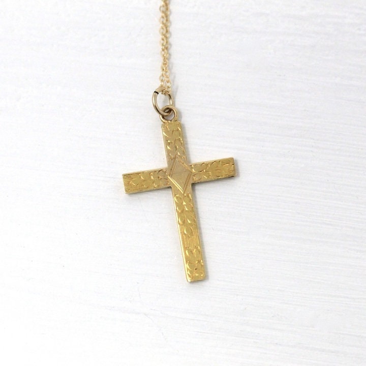 Sale - Vintage Cross Necklace - Mid Century 10k Yellow Gold Religious Pendant Charm - Circa 1940s Era Fine Faith Statement Engraved Jewelry