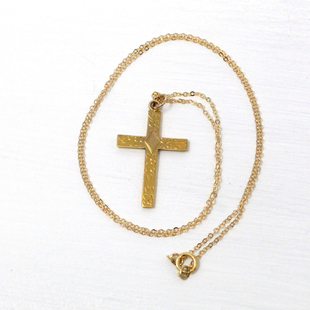 Sale - Vintage Cross Necklace - Mid Century 10k Yellow Gold Religious Pendant Charm - Circa 1940s Era Fine Faith Statement Engraved Jewelry