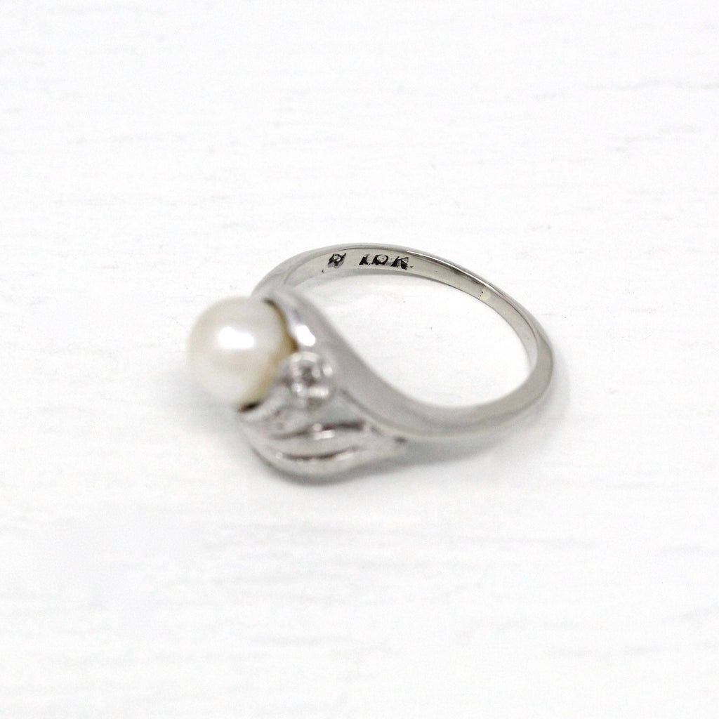 Sale - Vintage Cultured Pearl Ring - Circa 10k White Gold Genuine Diamond .02 Carats - Retro Era 1950s Size 3 June Birthstone Fine Jewelry
