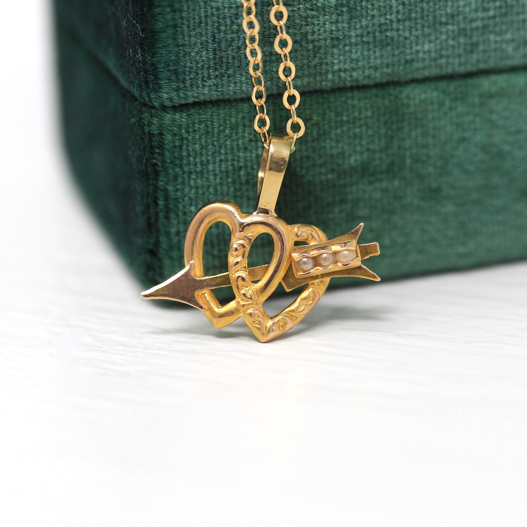 Sale - Heart & Arrow Pendant - Edwardian 10k Yellow Gold Seed Pearl Pin Charm - Antique 1910s Era Double Heart Cupids Arrow Fine Jewelry