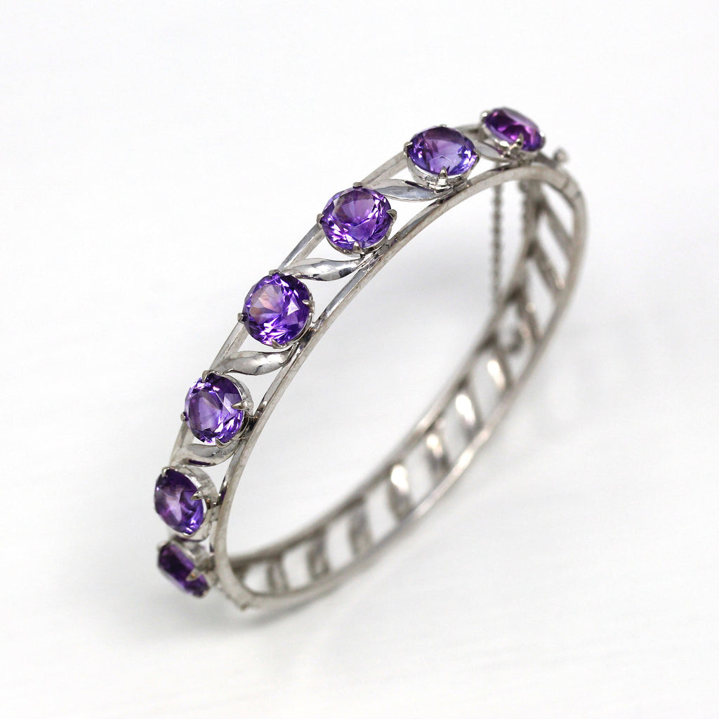 Sale - Genuine Amethyst Bracelet - Vintage 10k White Gold 9.35 Carat Purple Gems Bangle - Retro 1960s Hinged February Birthstone 60s Jewelry