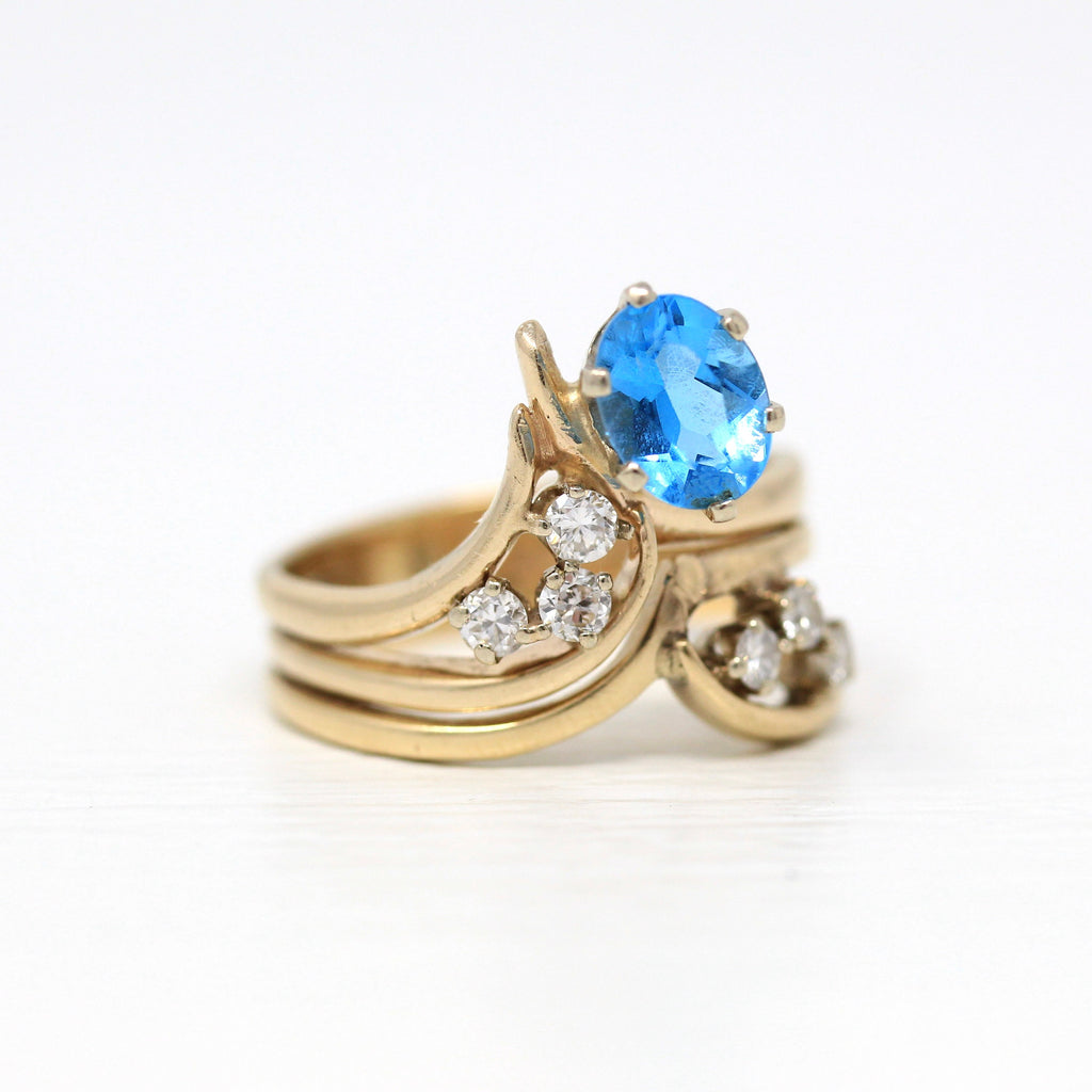 Sale - Blue Topaz Ring - Estate 14k Yellow Gold Genuine Oval Cut 1.47 CT Blue Topaz Statement - Vintage Size 8 Diamond Accent Gem Jewelry