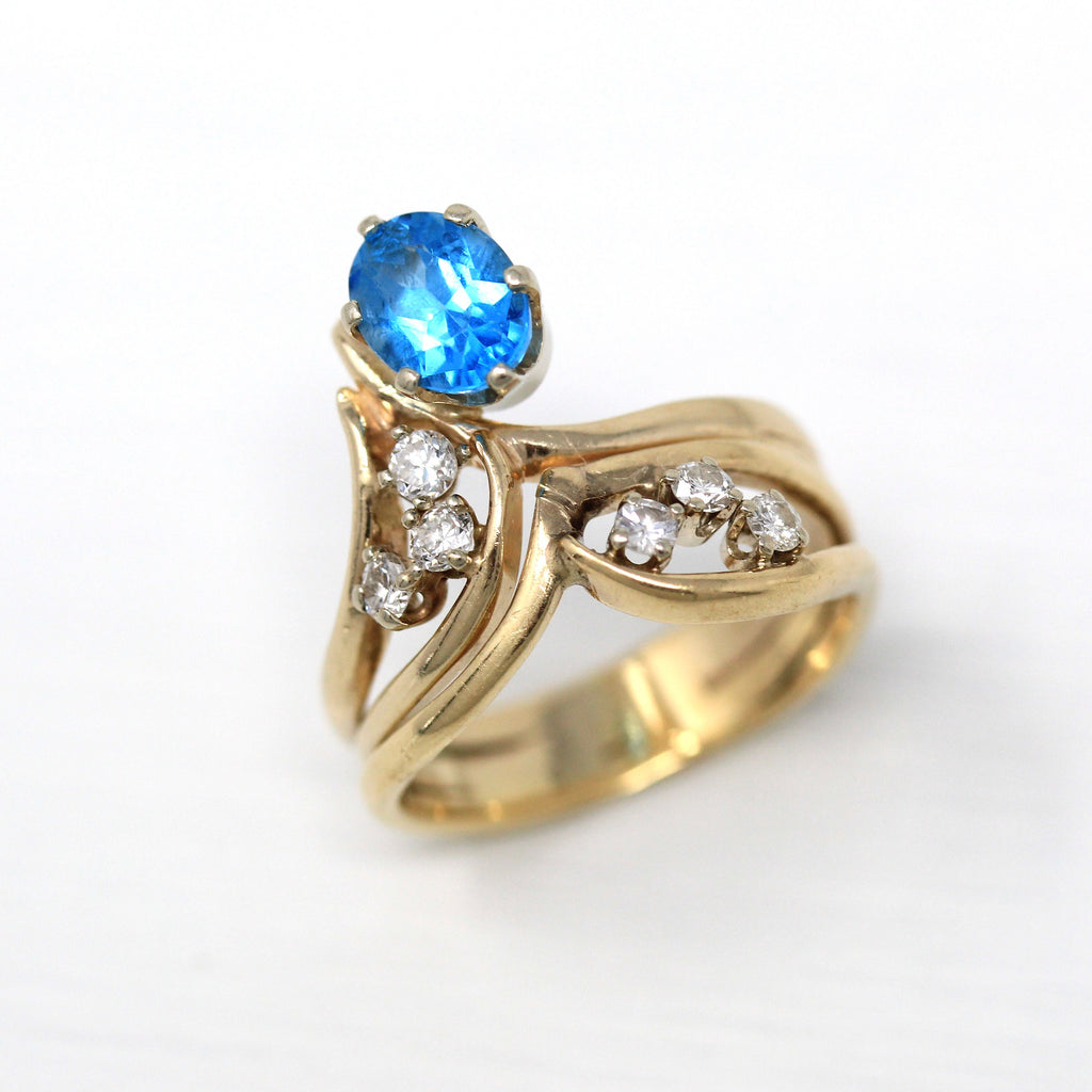Sale - Blue Topaz Ring - Estate 14k Yellow Gold Genuine Oval Cut 1.47 CT Blue Topaz Statement - Vintage Size 8 Diamond Accent Gem Jewelry