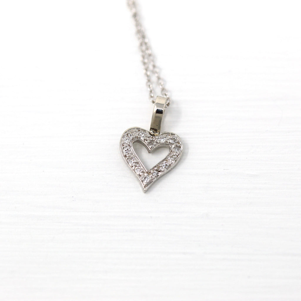 Sale - Diamond Heart Necklace - Retro Era 14k White Gold Genuine .07 CTW Gem Pendant - Circa 1970s Era Valentine's Day Gift Fine 70s Jewelry