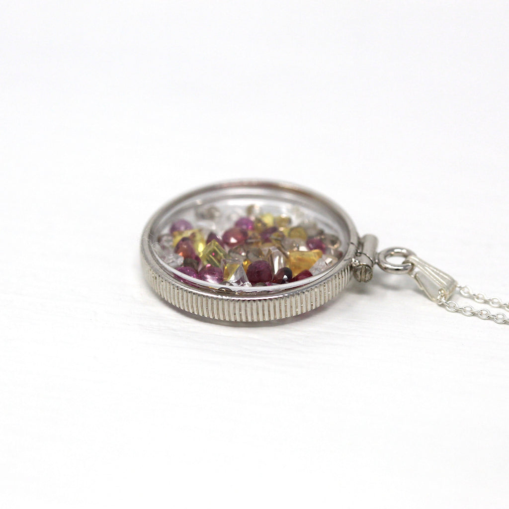 Gemstone Shaker Locket - Handcrafted Sterling Silver Lucite Pendant Necklace Charm - Genuine Ruby White Topaz Yellow Sapphire Gems Jewelry
