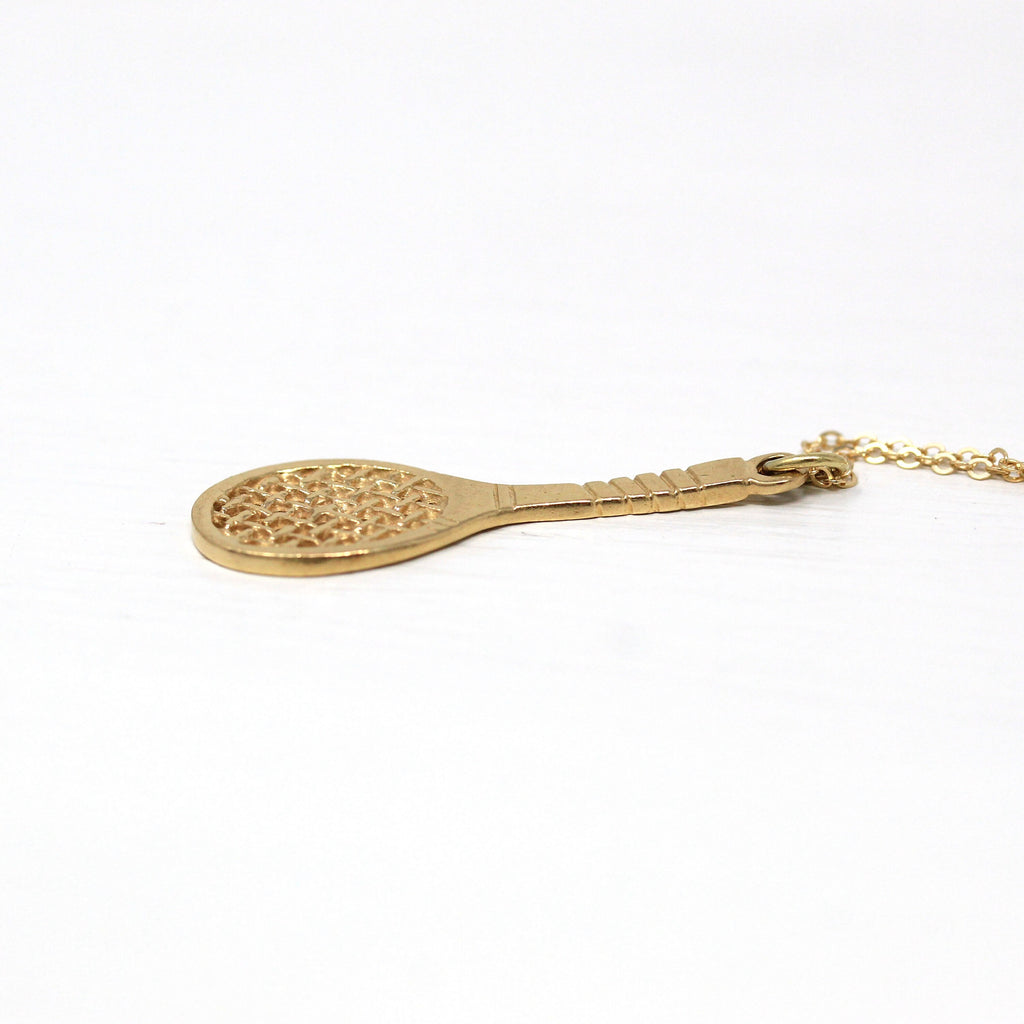 Sale - Tennis Racket Charm - Modern 14k Yellow Gold Figural Pendant Necklace - Estate Circa 2000's Era Racquet Sport Statement Fine Jewelry