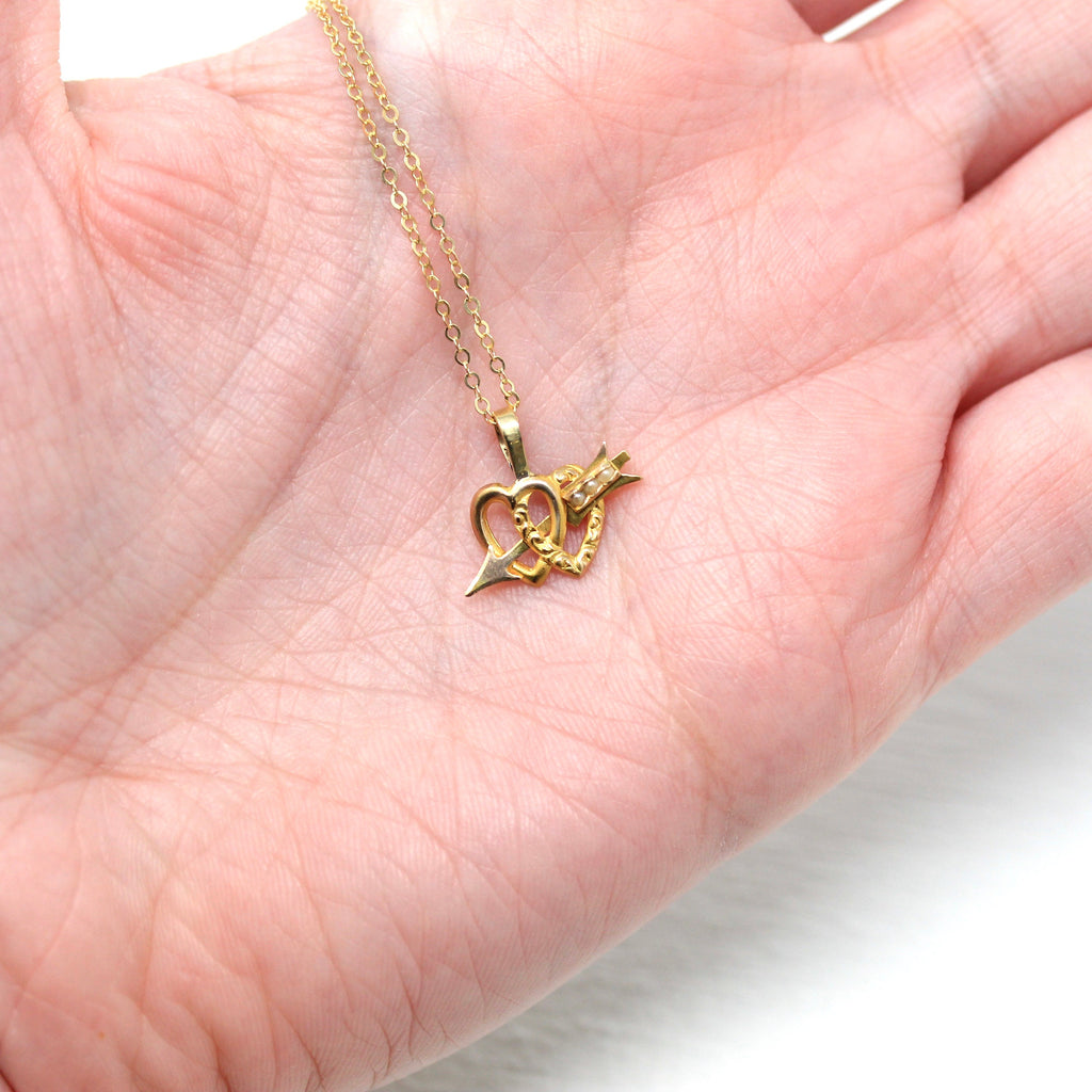Sale - Heart & Arrow Pendant - Edwardian 10k Yellow Gold Seed Pearl Pin Charm - Antique 1910s Era Double Heart Cupids Arrow Fine Jewelry