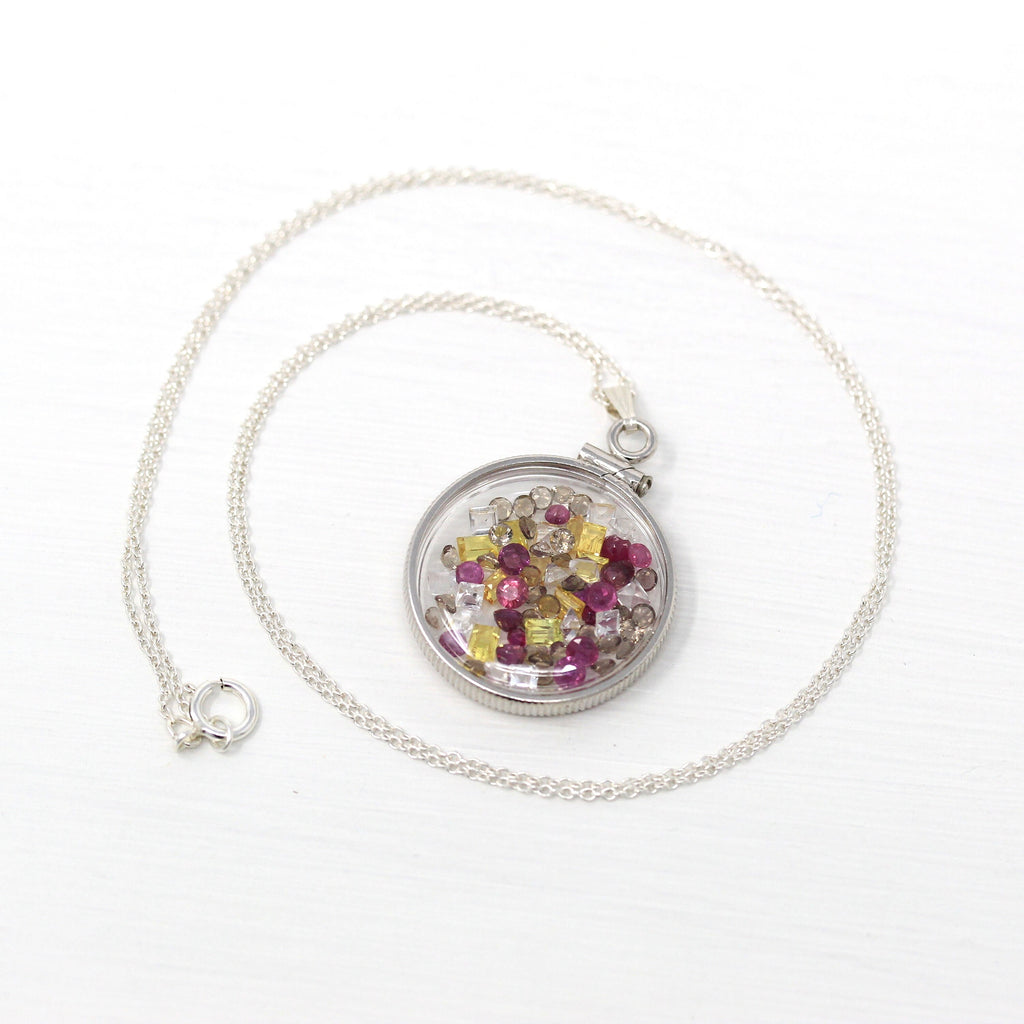 Gemstone Shaker Locket - Handcrafted Sterling Silver Lucite Pendant Necklace Charm - Genuine Ruby White Topaz Yellow Sapphire Gems Jewelry