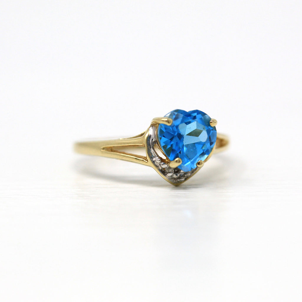 Sale - Blue Topaz Ring - Modern 10k Yellow Gold Genuine .02 CT Diamonds Heart Cut Gem - Estate Size 6 1/2 December Birthstone Fine Jewelry