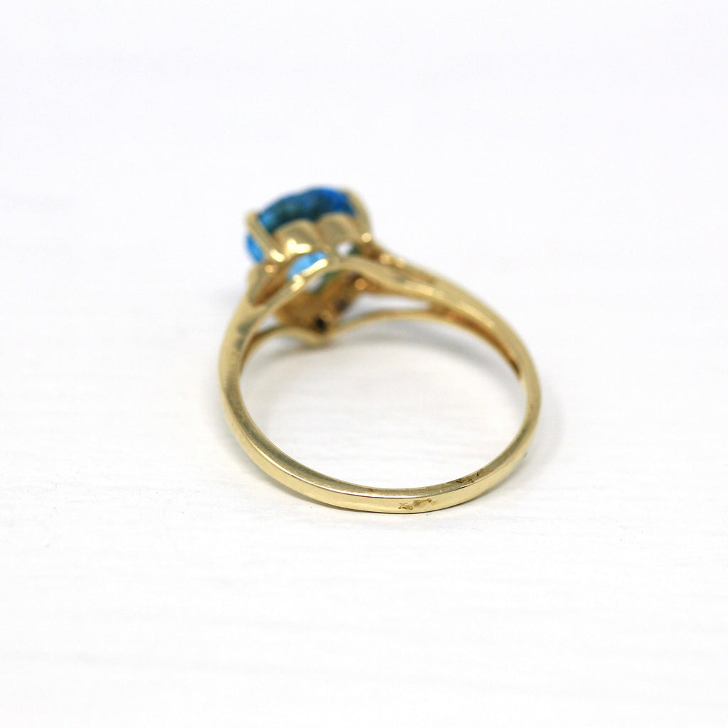 Sale - Blue Topaz Ring - Modern 10k Yellow Gold Genuine .02 CT Diamonds Heart Cut Gem - Estate Size 6 1/2 December Birthstone Fine Jewelry