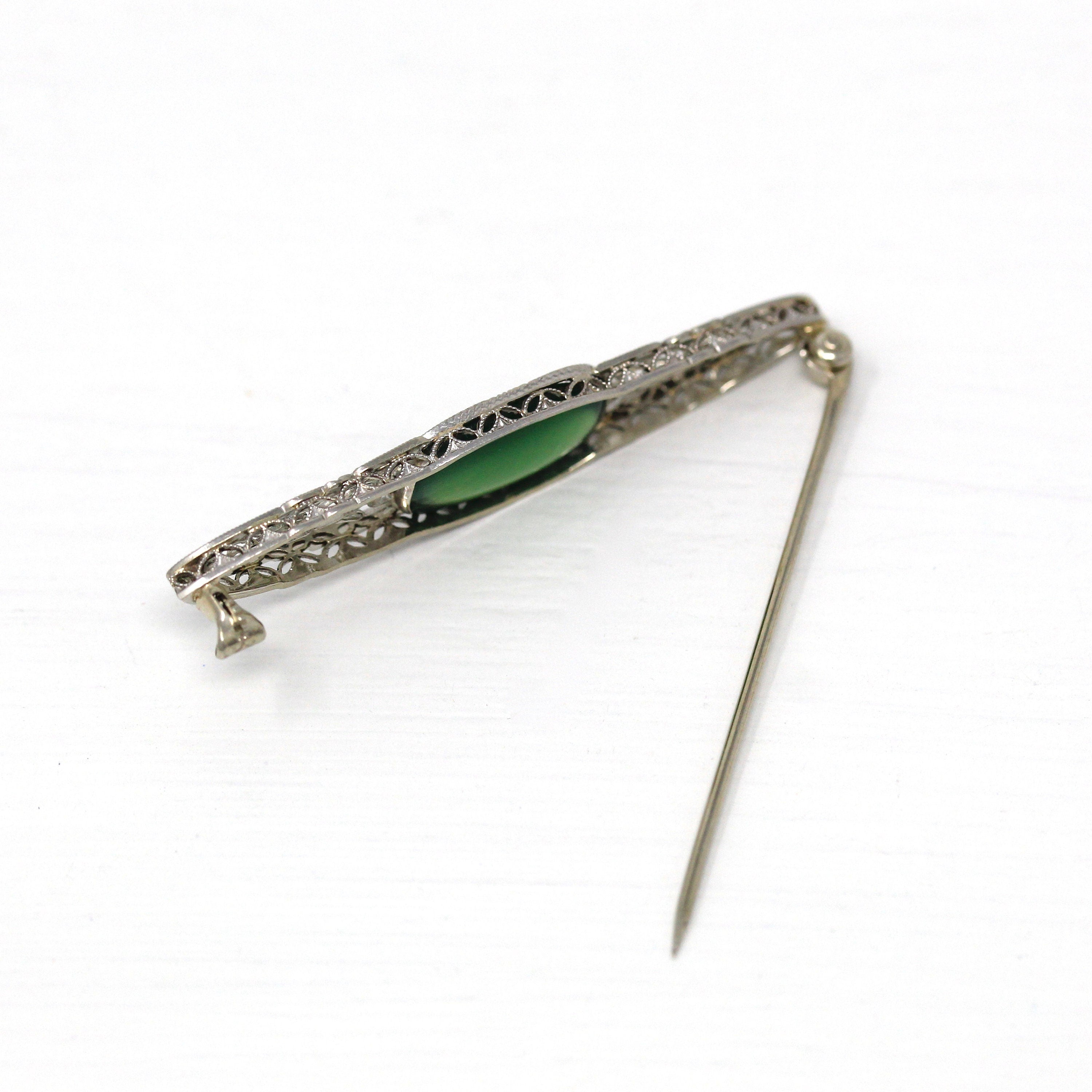 Art Deco Pin Antique 14k White Gold Green Chalcedony Gemstone