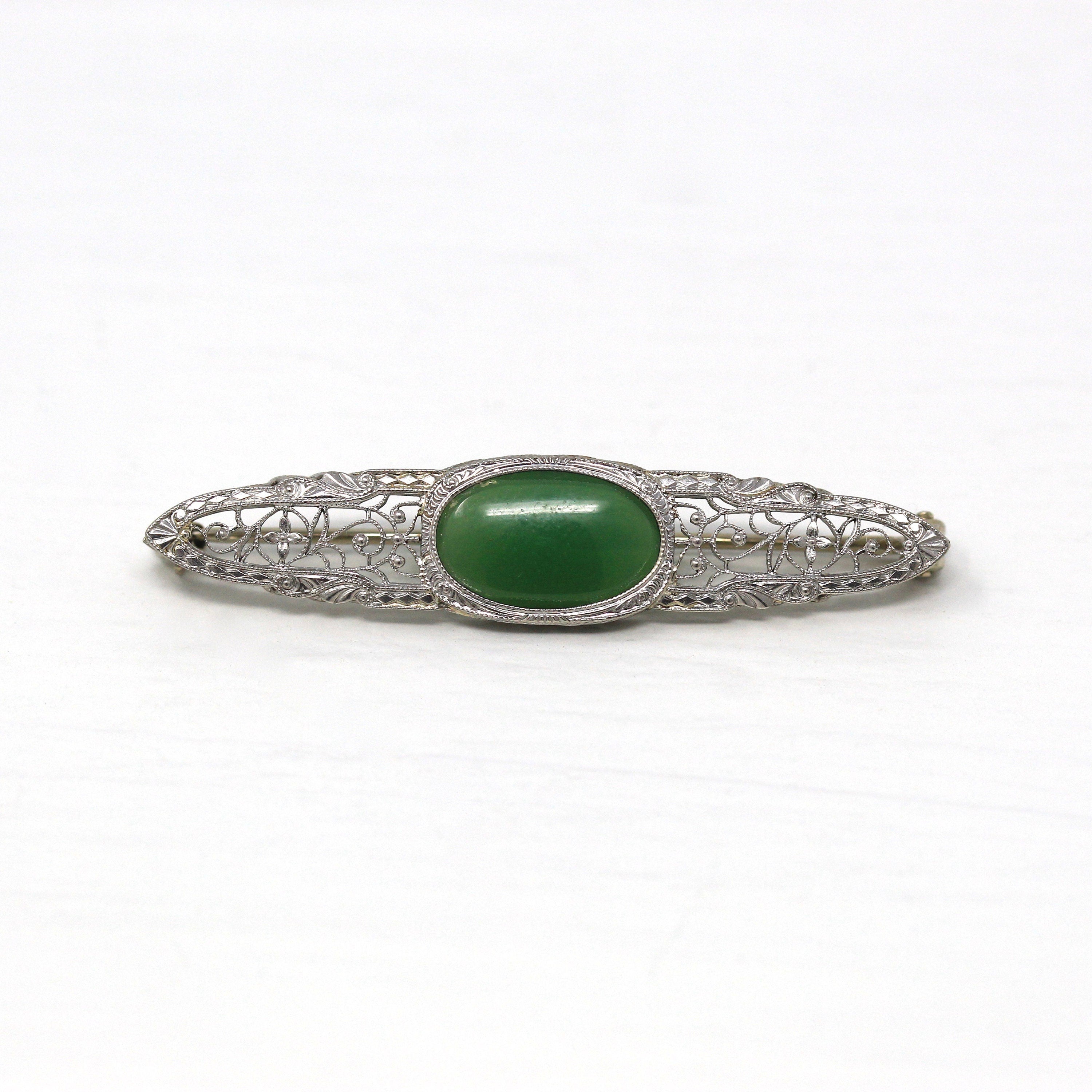 Art Deco Pin - Antique 14k White Gold Green Chalcedony Gemstone Brooch - Vintage 1920s Era Filigree Genuine Gem Statement Fine 20s Jewelry