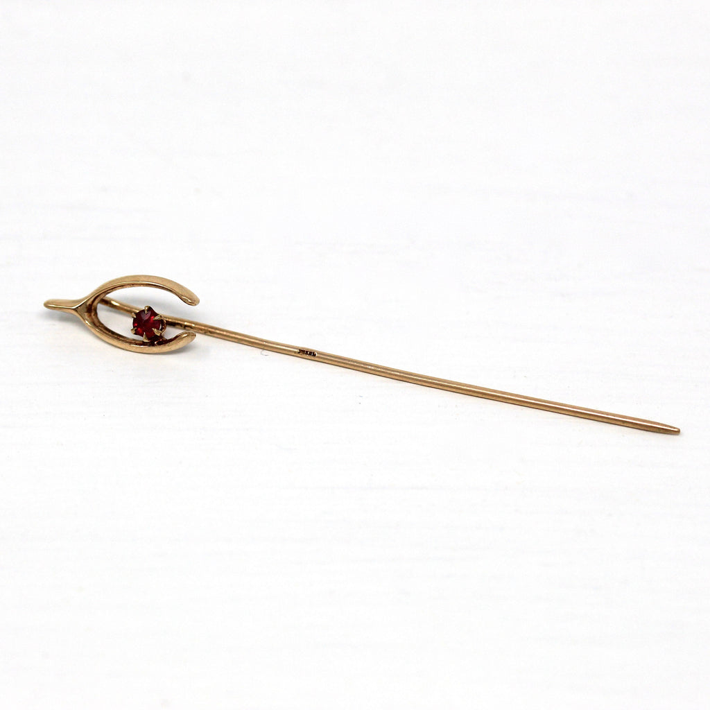 Sale - Wishbone Stick Pin - Edwardian 10k Yellow Gold Good Luck Red Glass - Antique Circa 1910s Fashion Accessory Neckwear Device Jewelry