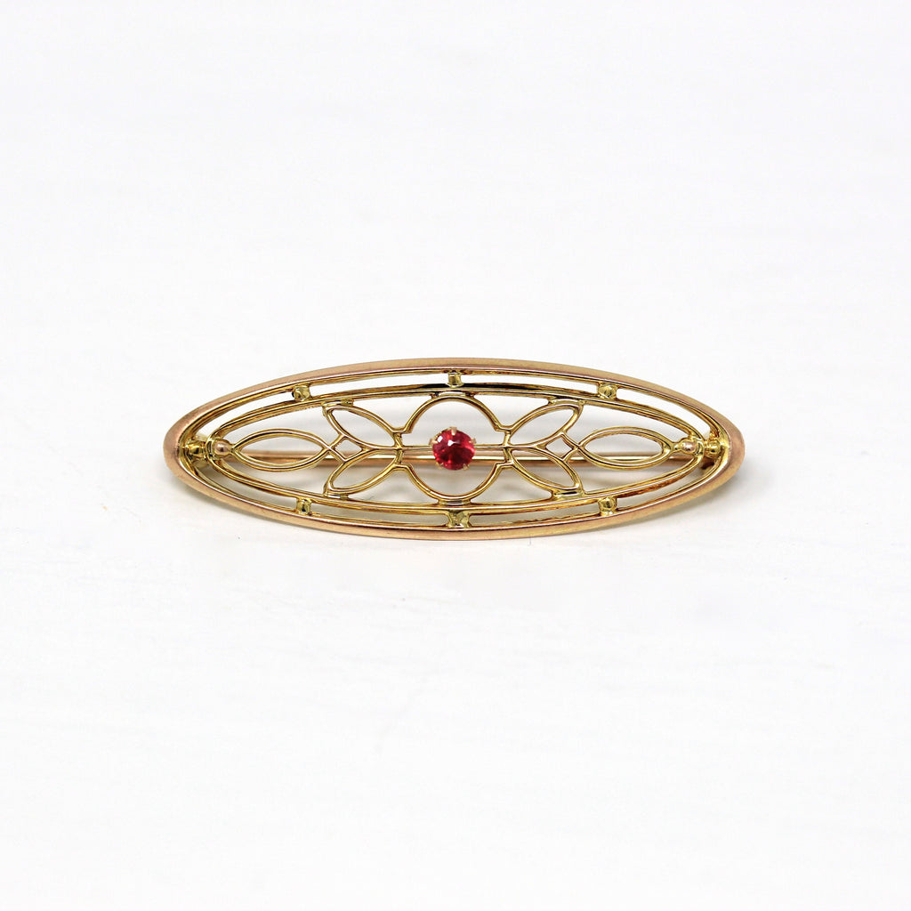 Sale - Garnet Doublet Brooch - Edwardian 10k Yellow Gold Filigree Statement Pink Glass Pin - Antique Circa 1910s Fashion Accessory Jewelry