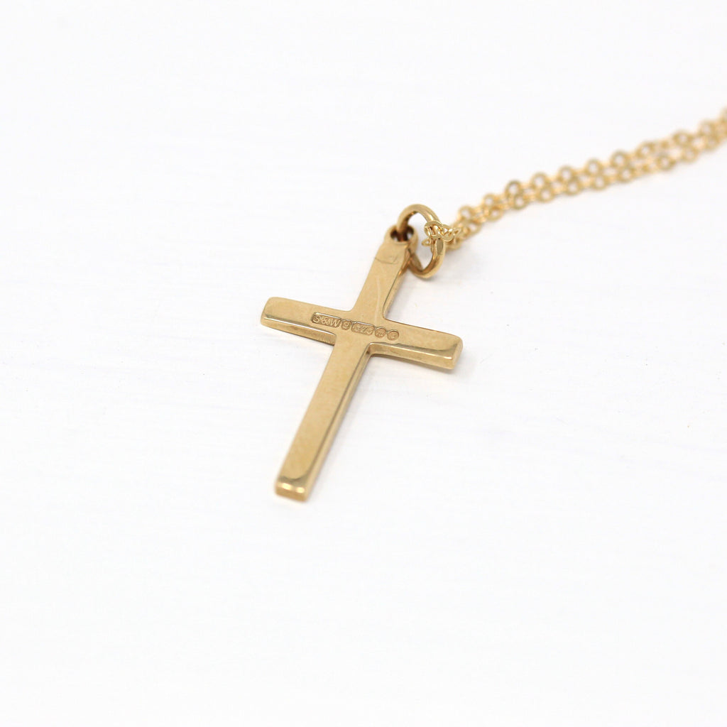 Sale - Estate Cross Necklace - Modern 9k Yellow Gold English Hallmark Pendant Charm - Circa 1980s Statement Religious Faith Crucifix Jewelry