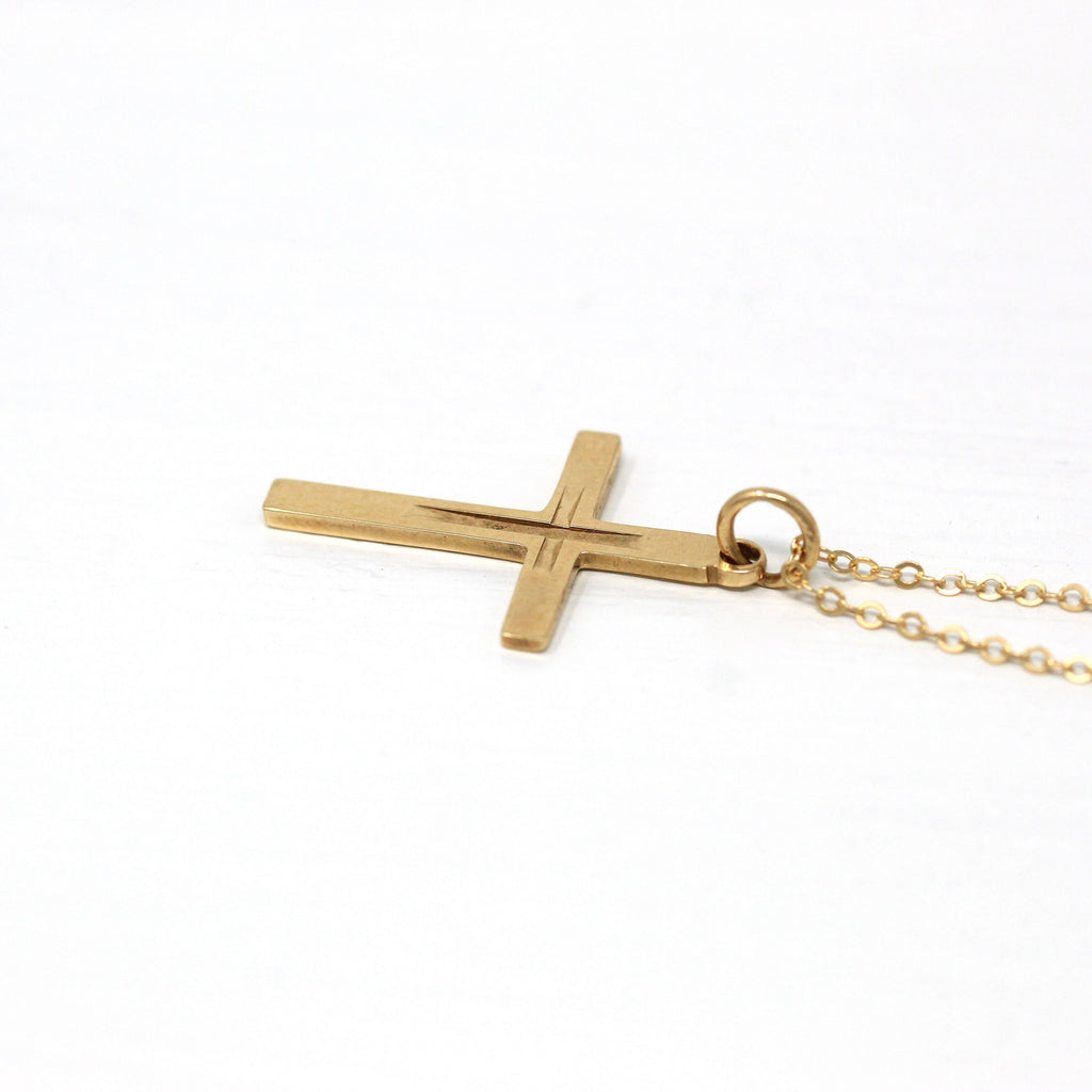 Sale - Estate Cross Necklace - Modern 9k Yellow Gold English Hallmark Pendant Charm - Circa 1980s Statement Religious Faith Crucifix Jewelry