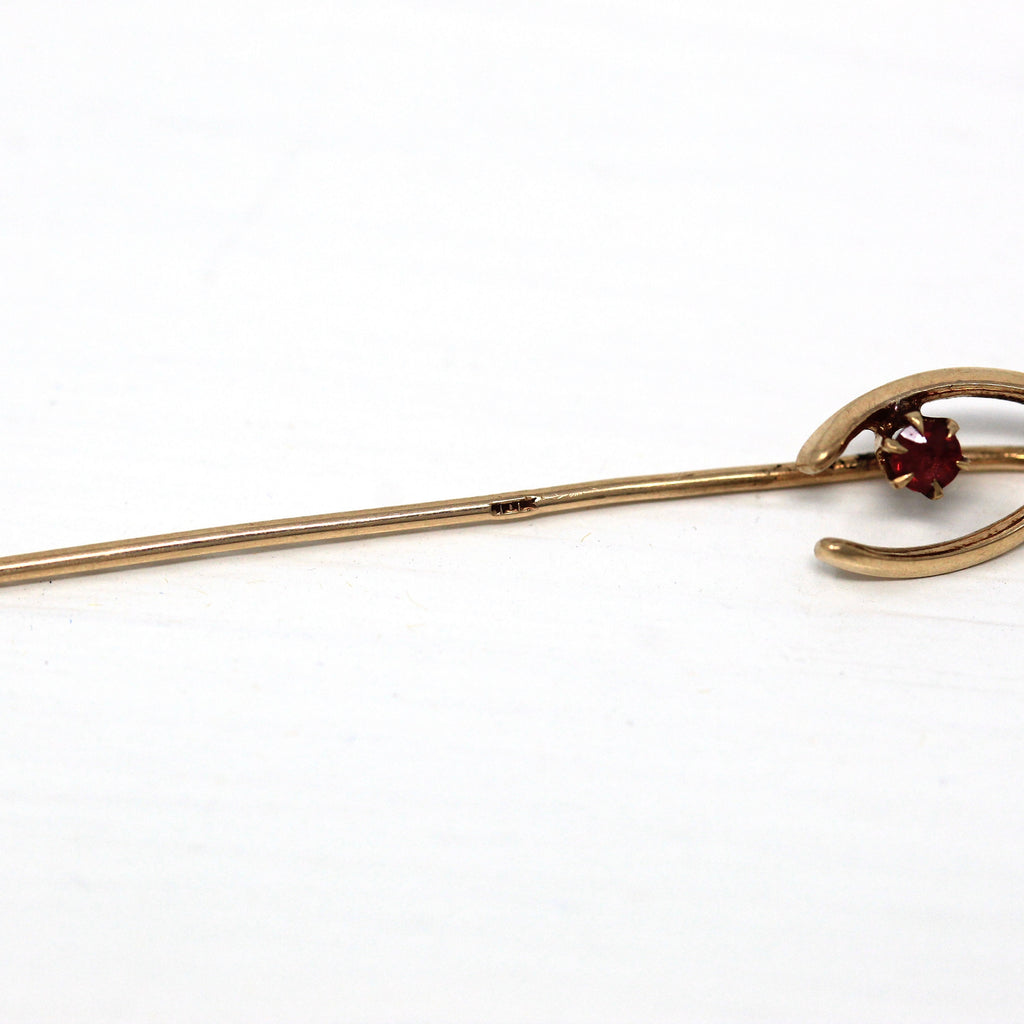 Sale - Wishbone Stick Pin - Edwardian 10k Yellow Gold Good Luck Red Glass - Antique Circa 1910s Fashion Accessory Neckwear Device Jewelry