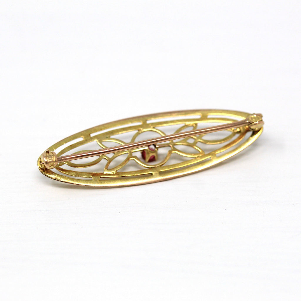 Sale - Garnet Doublet Brooch - Edwardian 10k Yellow Gold Filigree Statement Pink Glass Pin - Antique Circa 1910s Fashion Accessory Jewelry