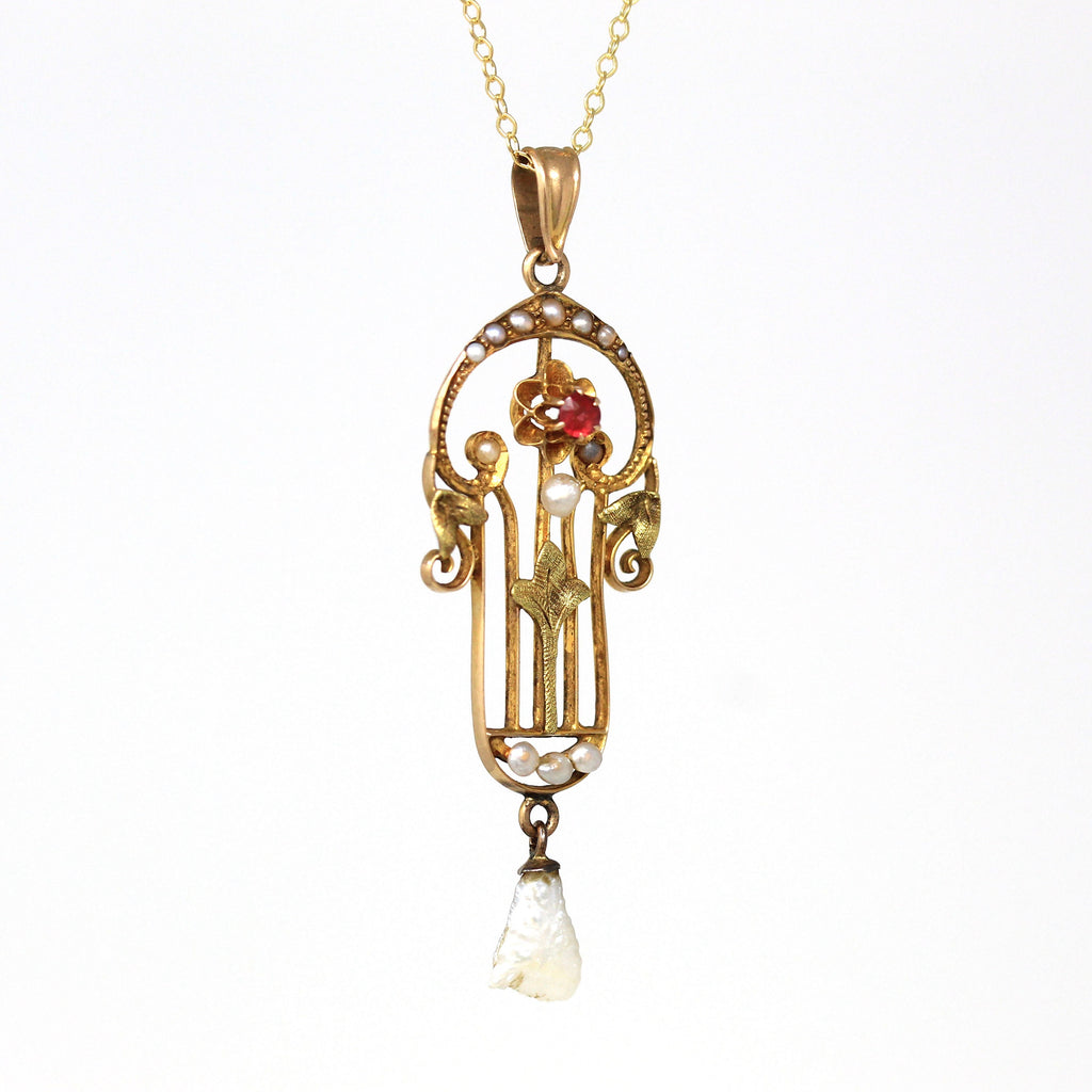 Sale - Garnet Doublet Lavalier - Edwardian 10k Yellow Gold Statement Pendant Necklace - Antique Circa 1910s January Birthstone Fine Jewelry