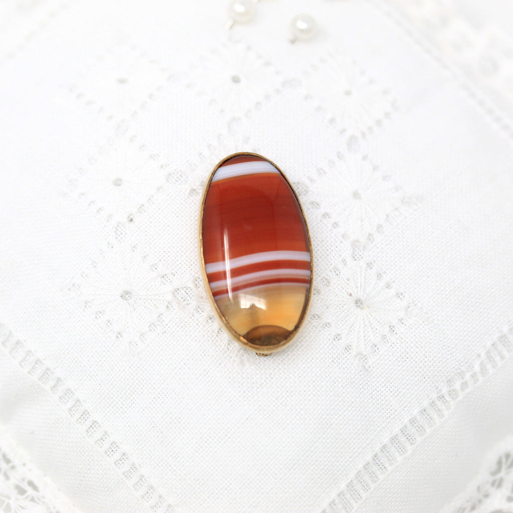 Sale - Genuine Agate Brooch - Edwardian Gold Filled Oval Cabochon Banded 15.57 CTW Gem - Antique Circa 1910s Era Fashion Accessory Jewelry
